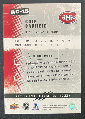 2021-22 Upper Deck Series 1 Cole Caufield Rookie Class #RC-15 back